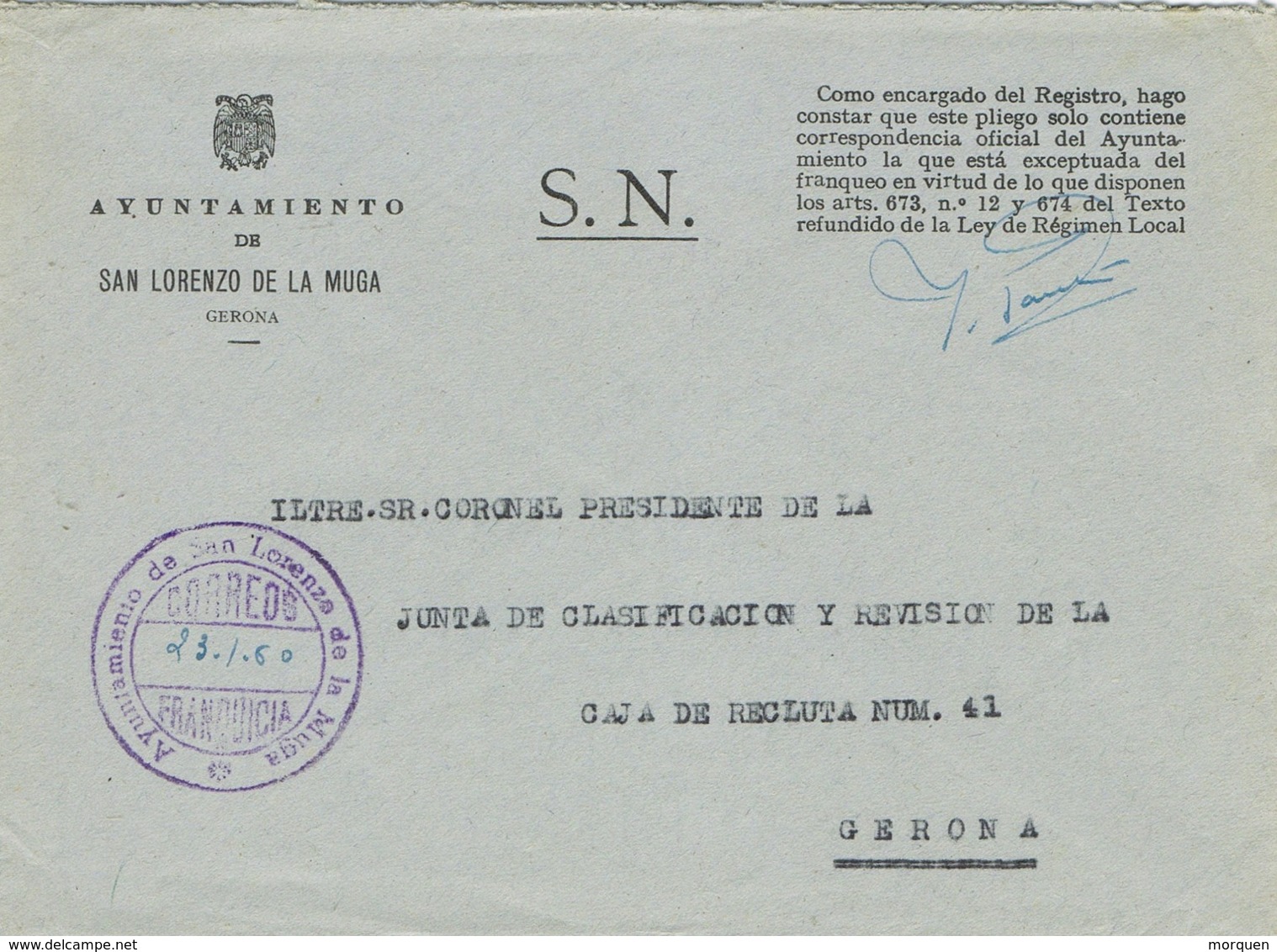 34669. Carta S.N. Franquicia Ayuntamiento SAN LORENZO De La MUGA (Gerona) 1960. - Cartas & Documentos