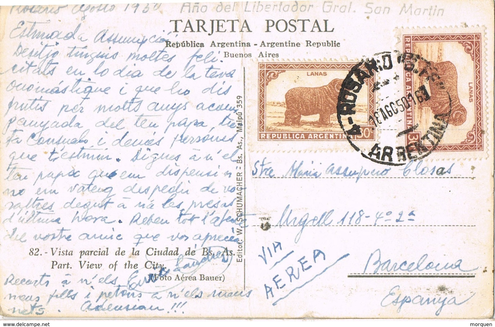 34672. Postal Aerea ROSARIO (Argentina) 1950. Vista Parcial Buenos Aires Y LUNA PARK - Cartas & Documentos