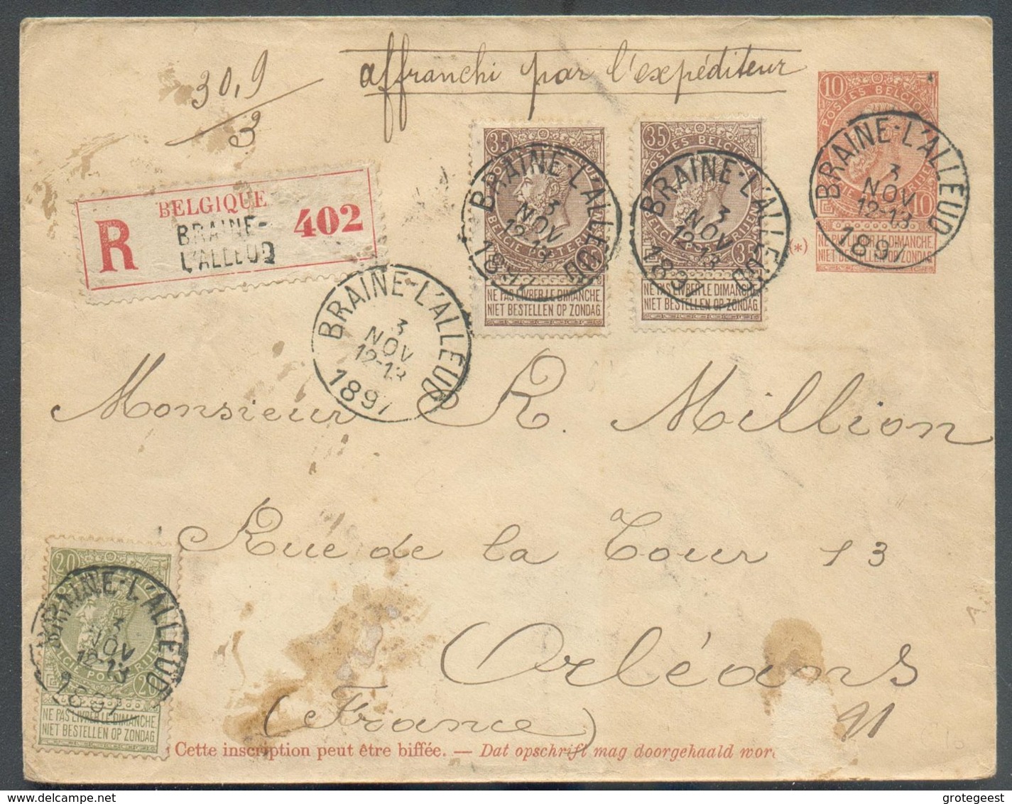 N°59-61(2) En Afffr. Compl. Sur E.P. Enveloppe Obl. Sc BRAINE-l'ALLEUD En Triple Port (30,9/3) Recommandé Le 3 Nov. 1897 - Covers