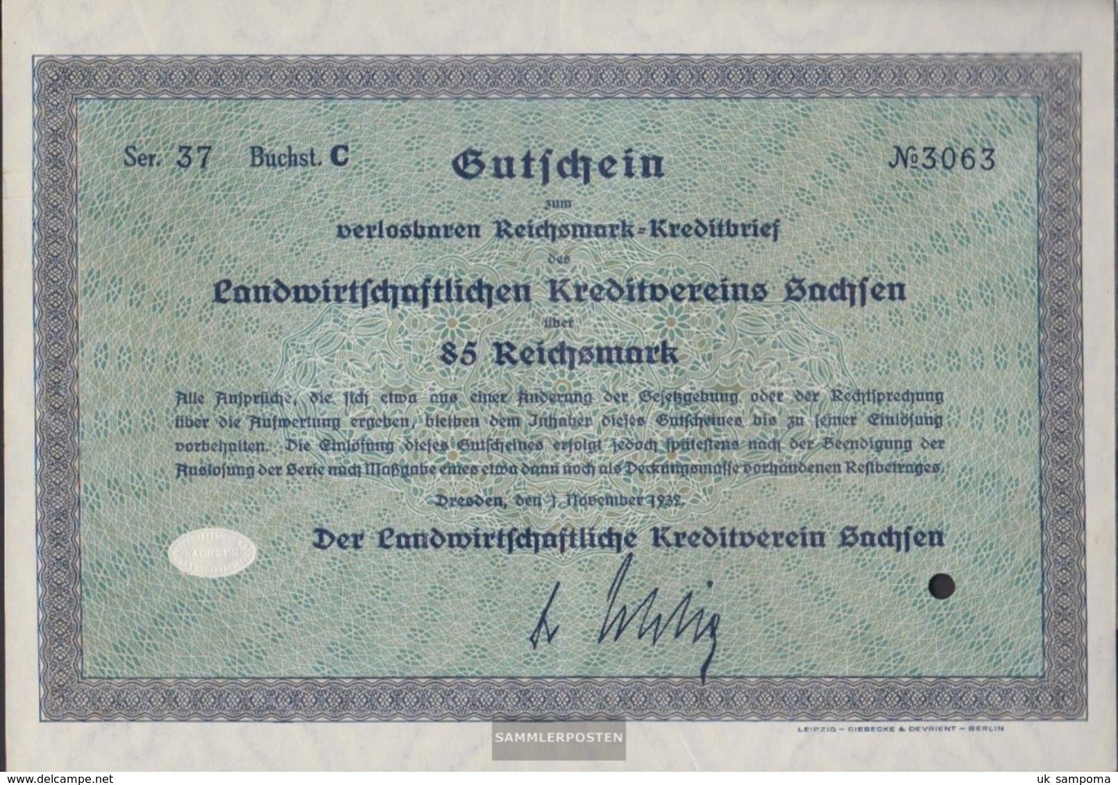 German Empire 85 Reichsmark, Gutschein Very Fine 1932 Landwirts. Kreditverein Saxony - Other & Unclassified