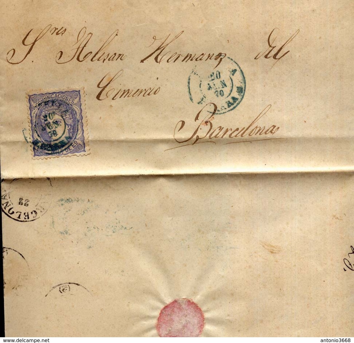 Año 1870 Edifil 107 50m Sellos Efigie Carta   Matasellos Azul Estella Navarra - Cartas & Documentos