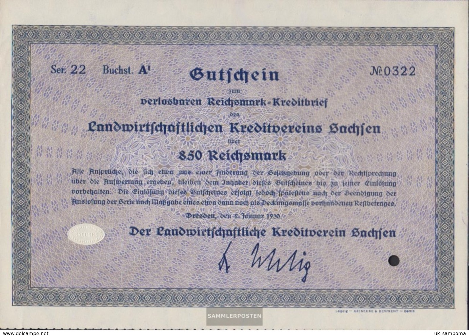 German Empire 850 Reichsmark, Gutschein Very Fine 1930 Landwirts. Kreditverein Saxony - Other & Unclassified