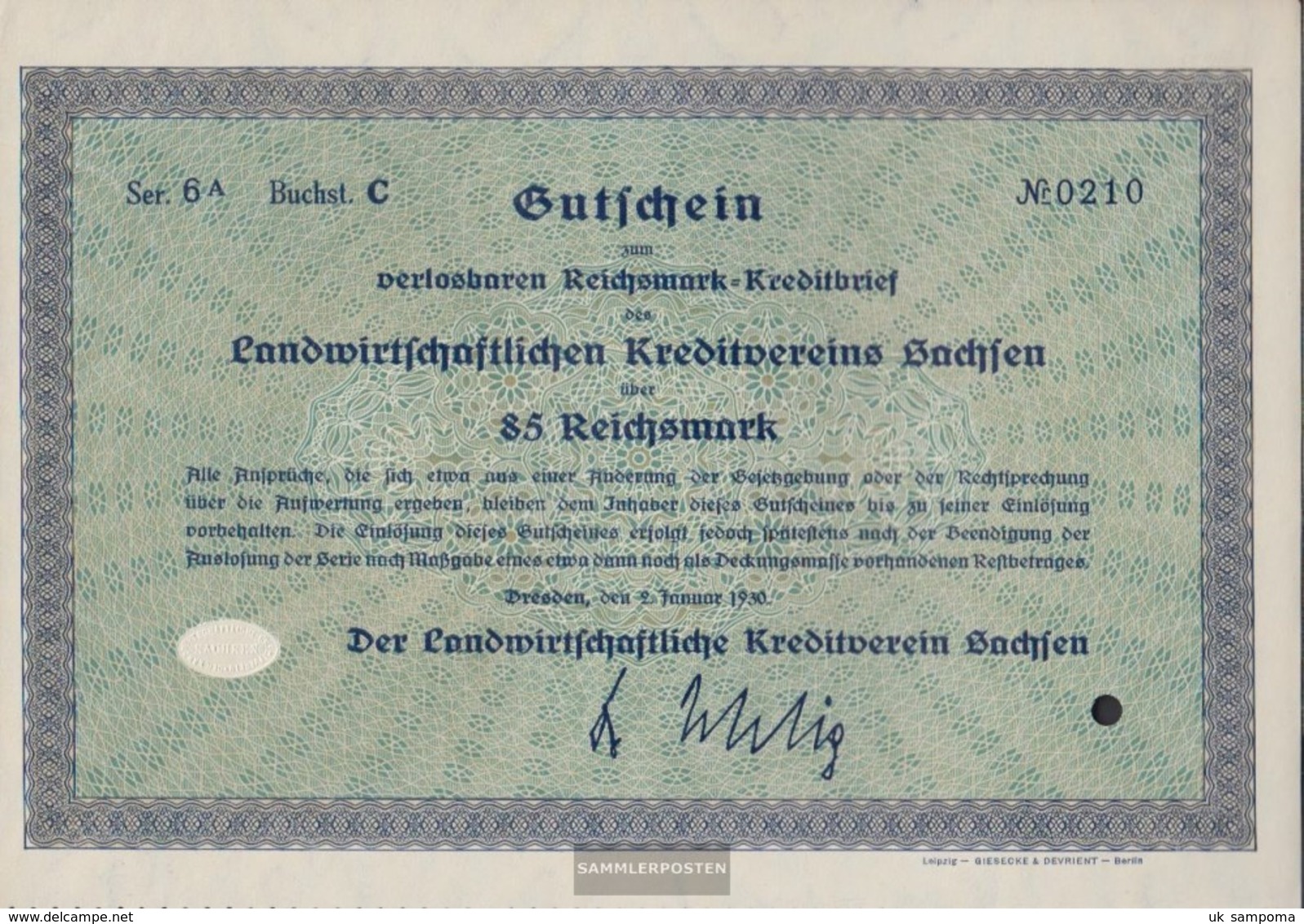 German Empire 85 Reichsmark, Gutschein Very Fine 1930 Landwirts. Kreditverein Saxony - Other & Unclassified