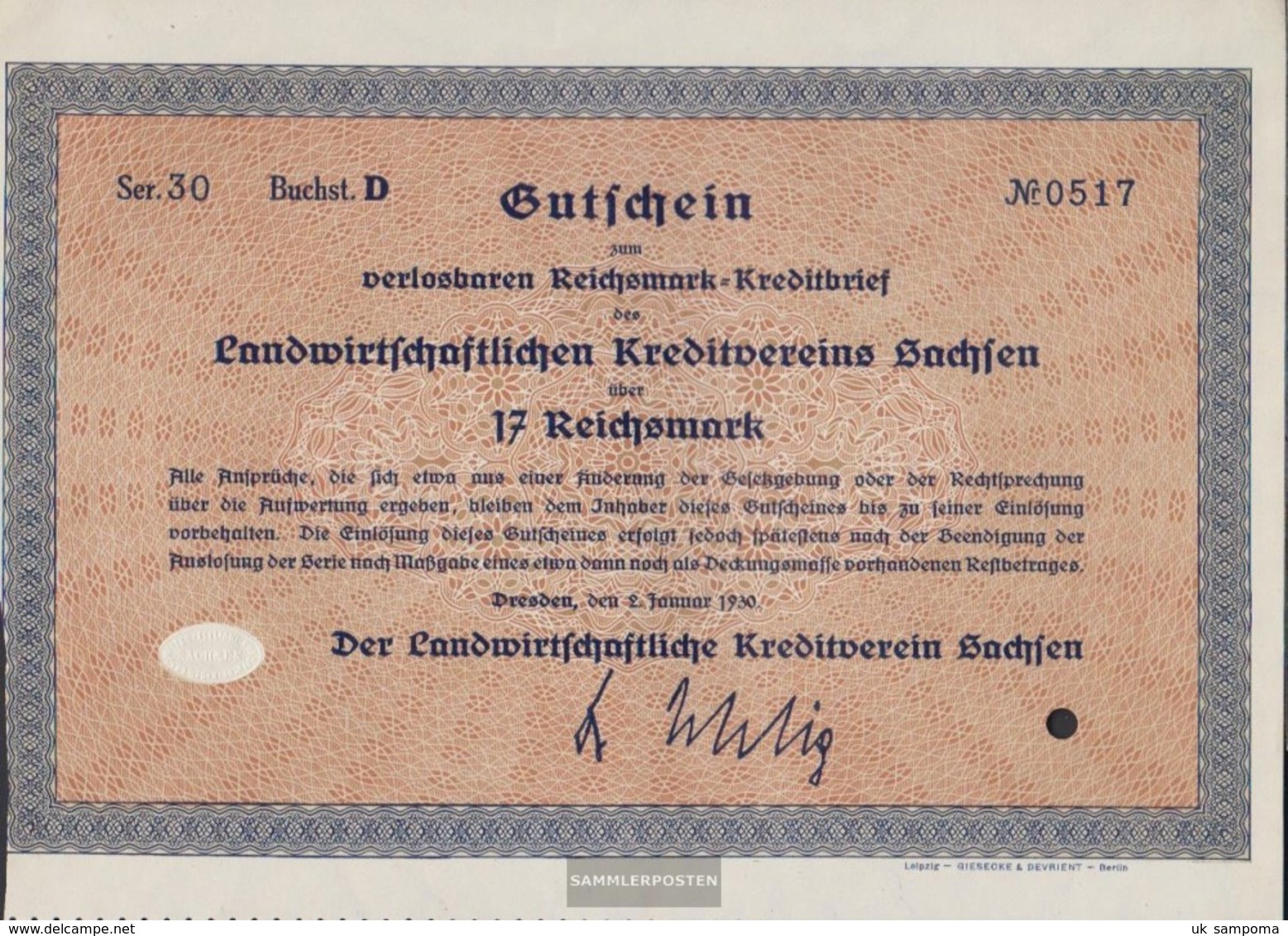 German Empire 17 Reichsmark, Gutschein Very Fine 1930 Landwirts. Kreditverein Saxony - Other & Unclassified