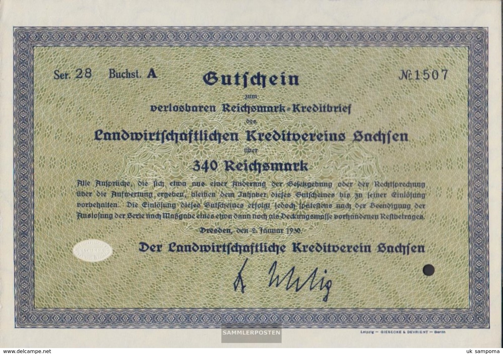 German Empire 340 Reichsmark, Gutschein Druckfrisch 1930 Landwirts. Kreditverein Saxony - Other & Unclassified