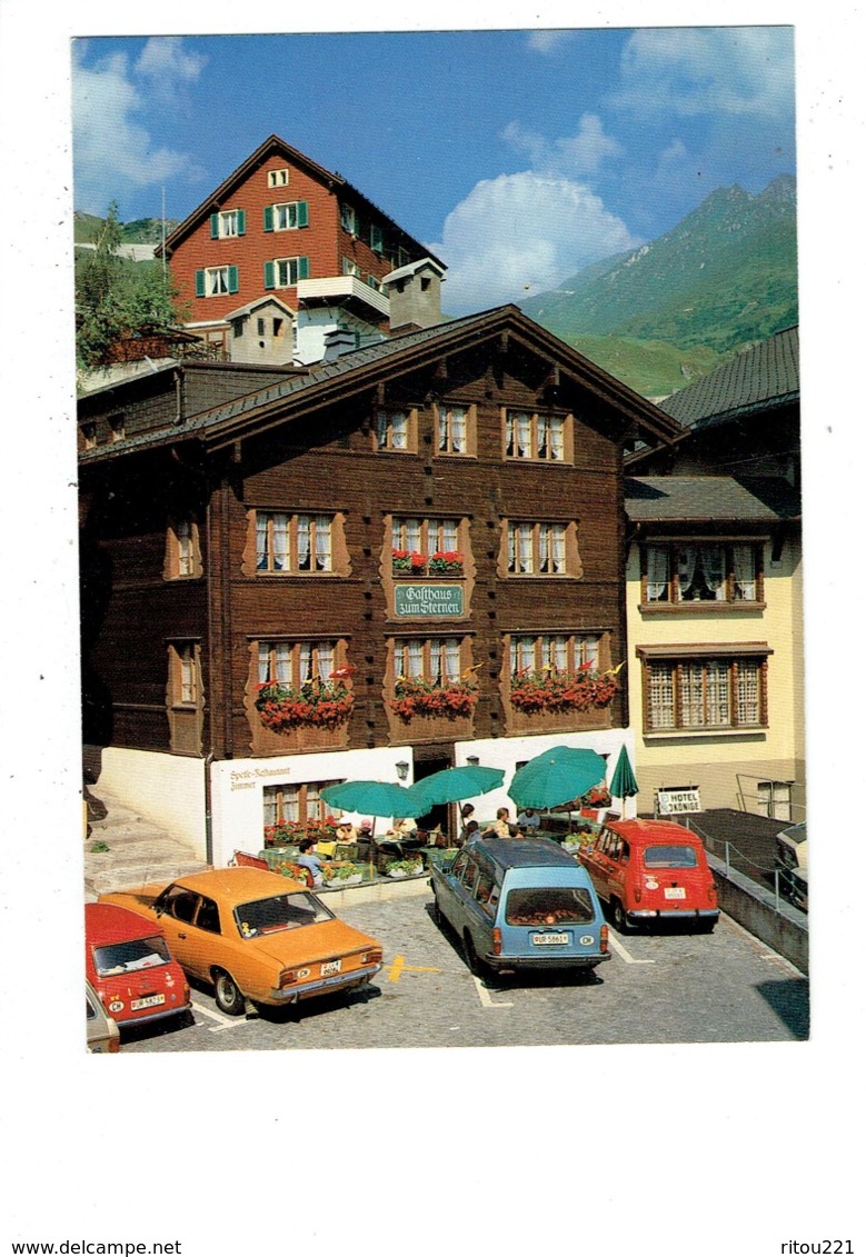 Cpm - Switzerland Andermatt -  Gasthaus Sternen - Voiture RENAULT 4L - AUSTIN MINI - MERCEDES - OPEL ? - Matt