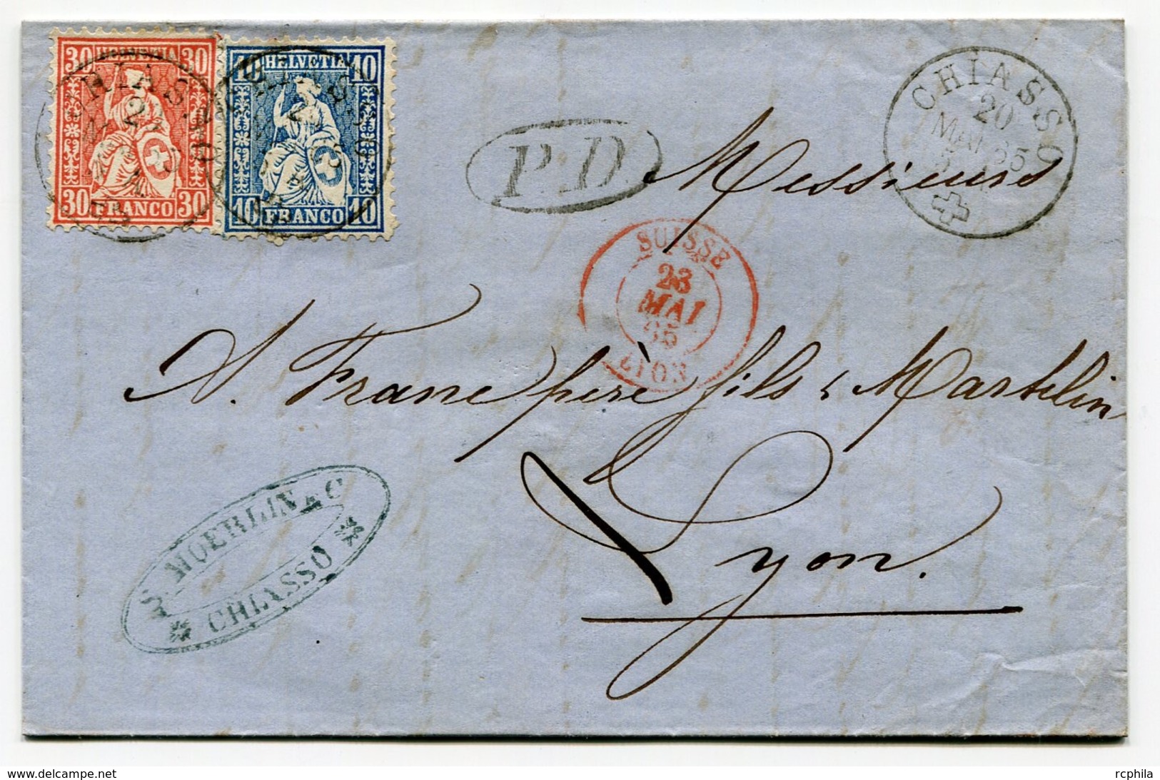 RC 14531 SUISSE 1865 - 30c + 10c SUR LETTRE DE CHIASSO POUR LYON FRANCE ENTRÉE SUISSE / LYON EN ROUGE TB - Covers & Documents