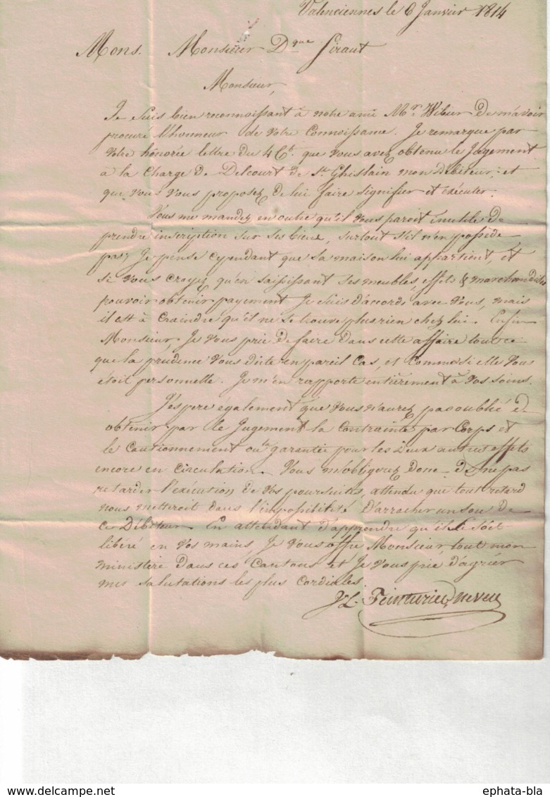 Pli De Valenciennes => Mons. 6/01/1814. Adressé à L'avocat Siraut Au Sujet Du Débiteur Delcourt De St-Ghislain. - 1814-1815 (Gouv. Général De La Belgique)