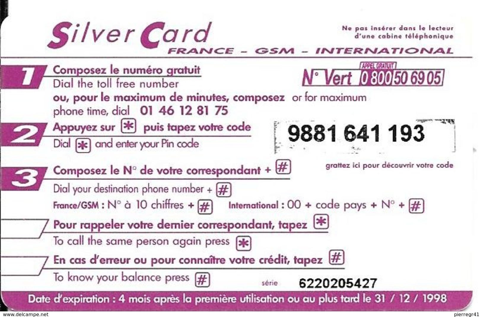 CARTE-PHONE-120U-SILVER CARD-31/12/1998-R° Glacé-Plastic Epais Gratté-TBE-RARE - Other & Unclassified