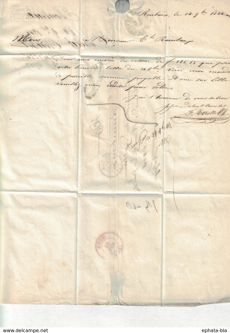 Pli De Roubaix => Mons (Grand Hornu). 14/09/1844. Société Descat Crousel. Cachet France Par Mouscron (Vert) - 1830-1849 (Belgique Indépendante)