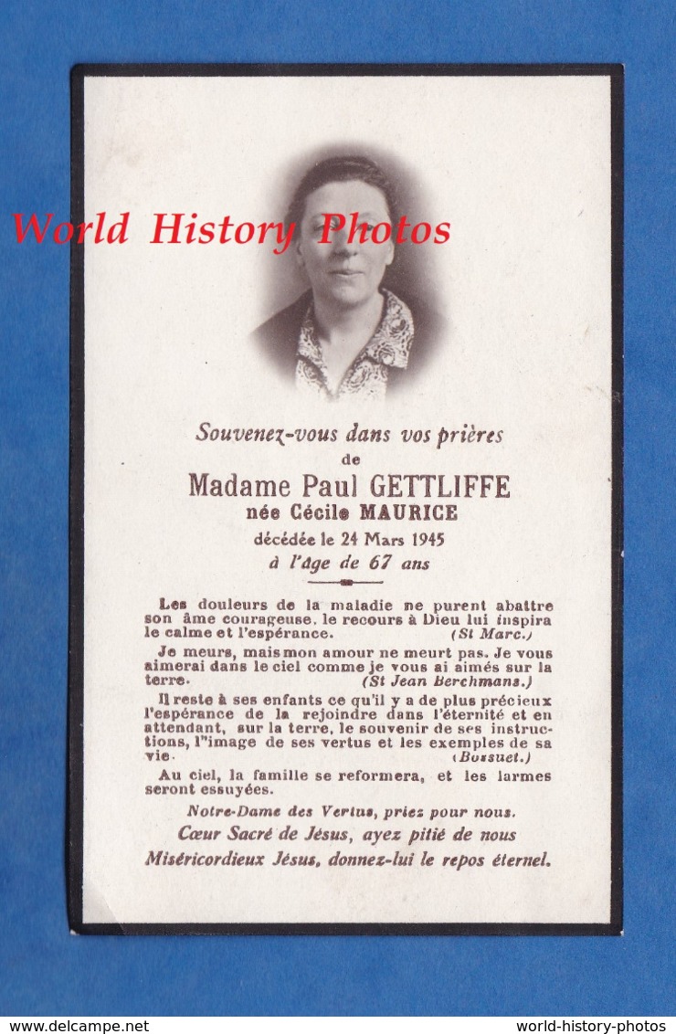 Faire-Part De Décés - Cécile MAURICE épouse De Paul GETTLIFFE Décédée Le 24 Mars 1945 à 67 Ans - Autres & Non Classés