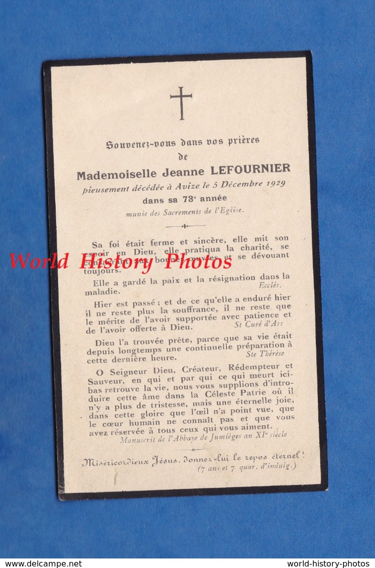 Faire-Part De Décés - AVIZE ( Marne ) - Mademoiselle Jeanne LEFOURNIER Décédée Le 5 Décembre 1929 à 78 Ans - Autres & Non Classés