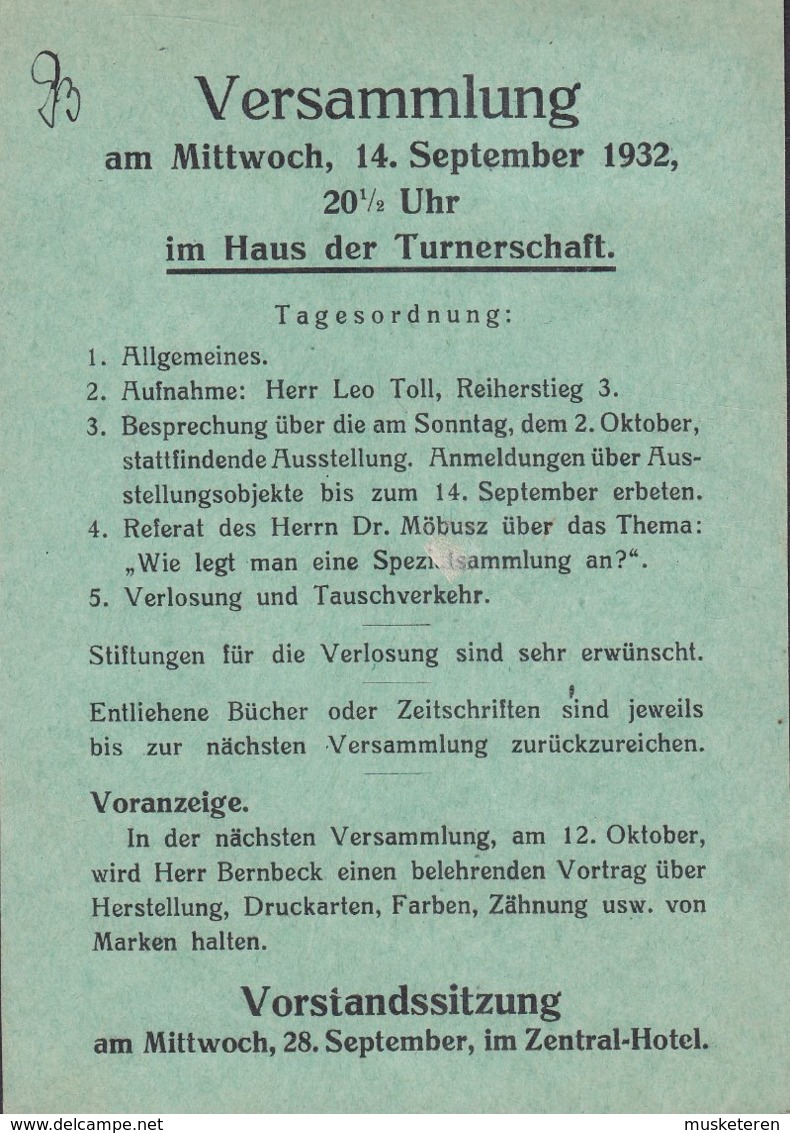 Deutsches Reich LÜBECKER POSTWERTZEICHENSAMMLER-VEREIN 'Benutzt Die Luftpost' LÜBECK 1932 Card Karte Ebert M. Rand - Briefe U. Dokumente