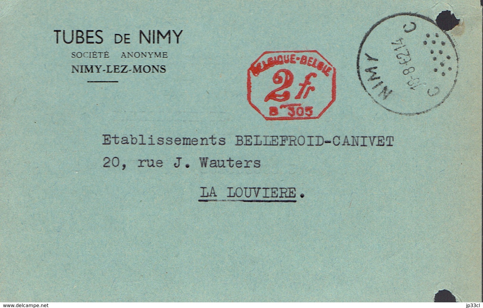 CP Des Tubes De Nimy, Société Anonyme, Nimy Lez Mons Vers La Louvière Du 18/8/1962 - 1950 - ...