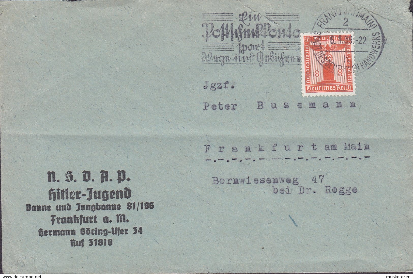 Deutsches Reich N.S.D.A.P. Hitler-Jugend Banne & Jungbanne 81/186 FRANKFURT 1939 Cover Brief 8 Pf Adler Auf Sockel Stamp - Officials