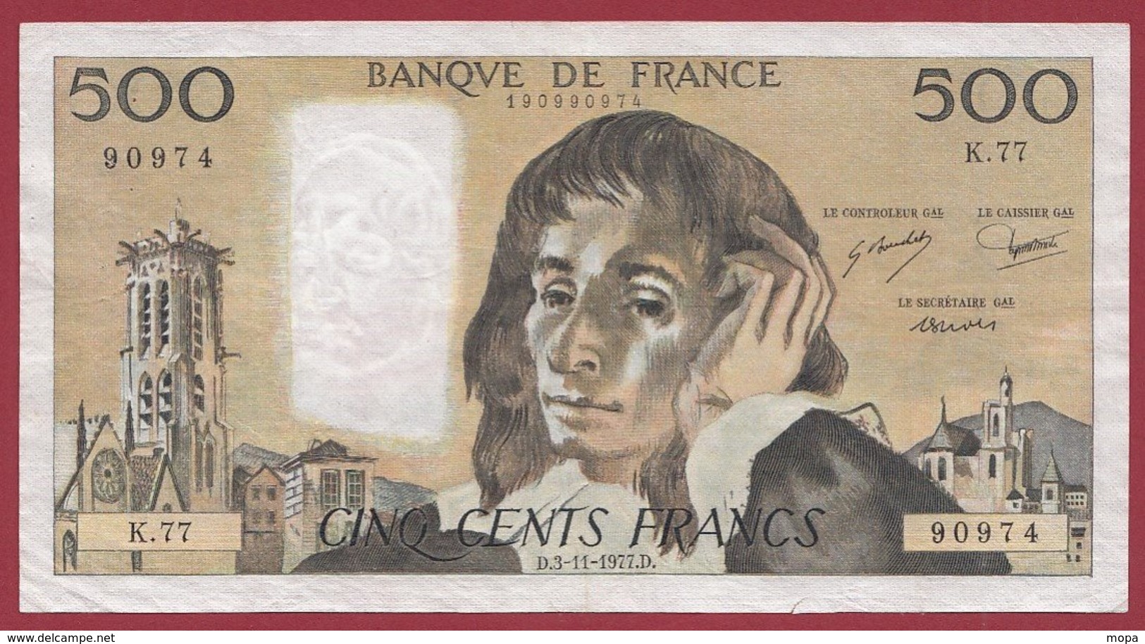 500 Francs "Pascal" Du 03/11/1977.D----VF/SUP---ALPH.K.77 - 500 F 1968-1993 ''Pascal''