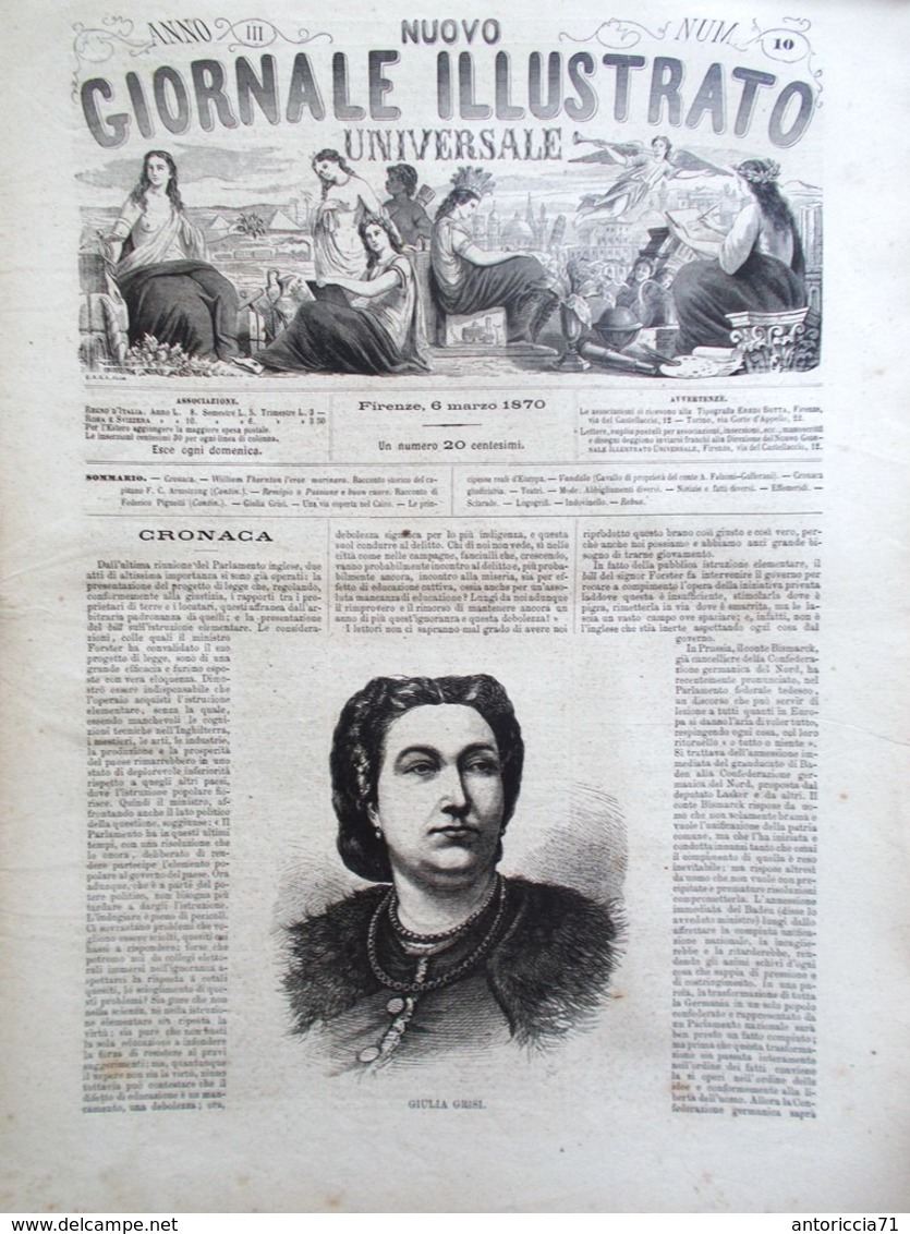 Nuovo Giornale Illustrato Universale 6 Marzo 1870 Giulia Grisi Cairo Principesse - Voor 1900