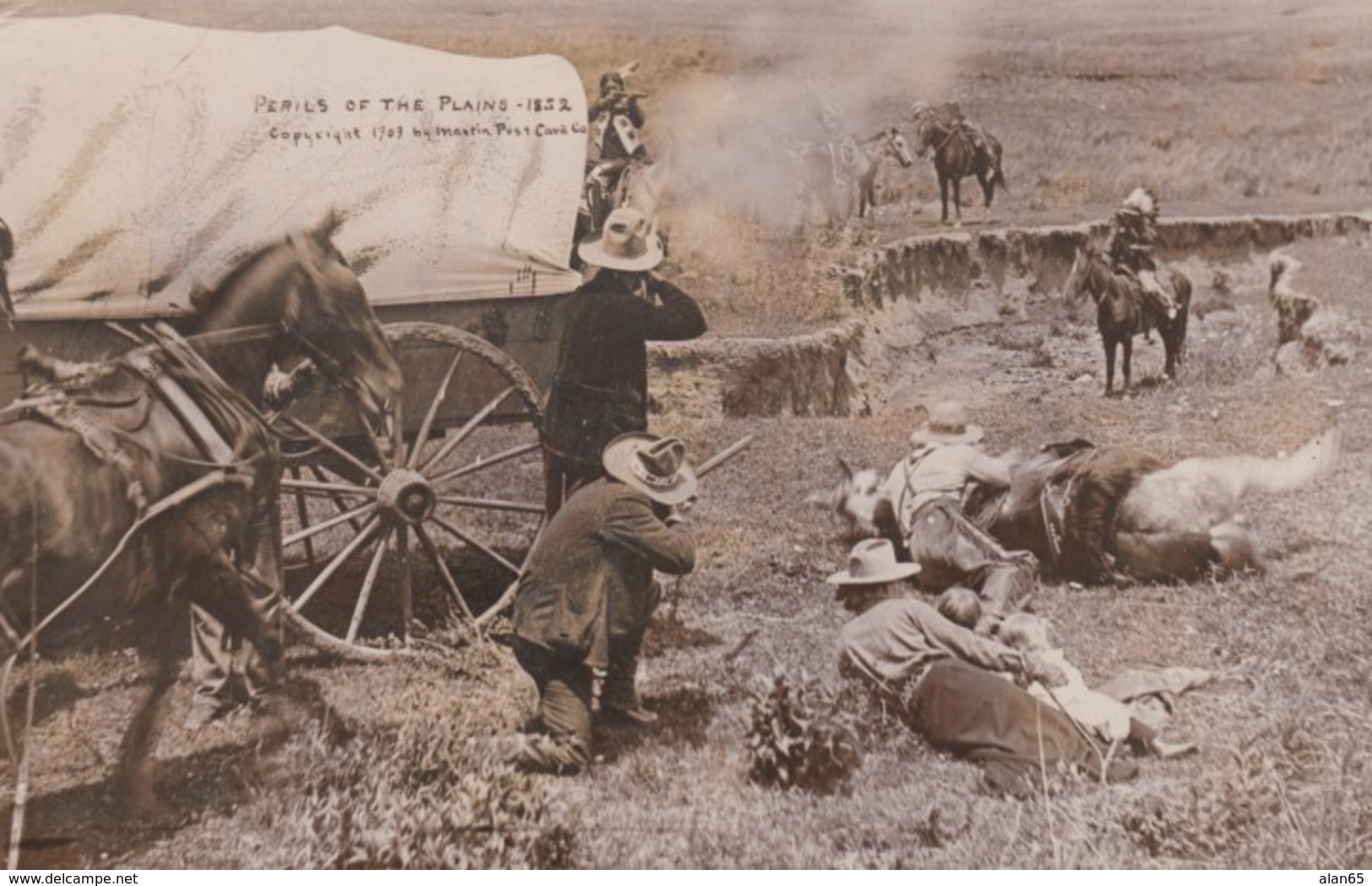 'Perils Of The Plains 1852' Old West Theme, Indians & Settlers Gun Battle, C1900s Vintage Martin Real Photo Postcard - History