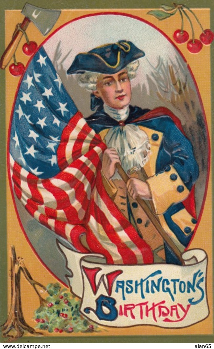 George Washington's Birthday Holiday, Washington With US Flag, C1900s/10s Vintage Embossed Postcard - Presidenti