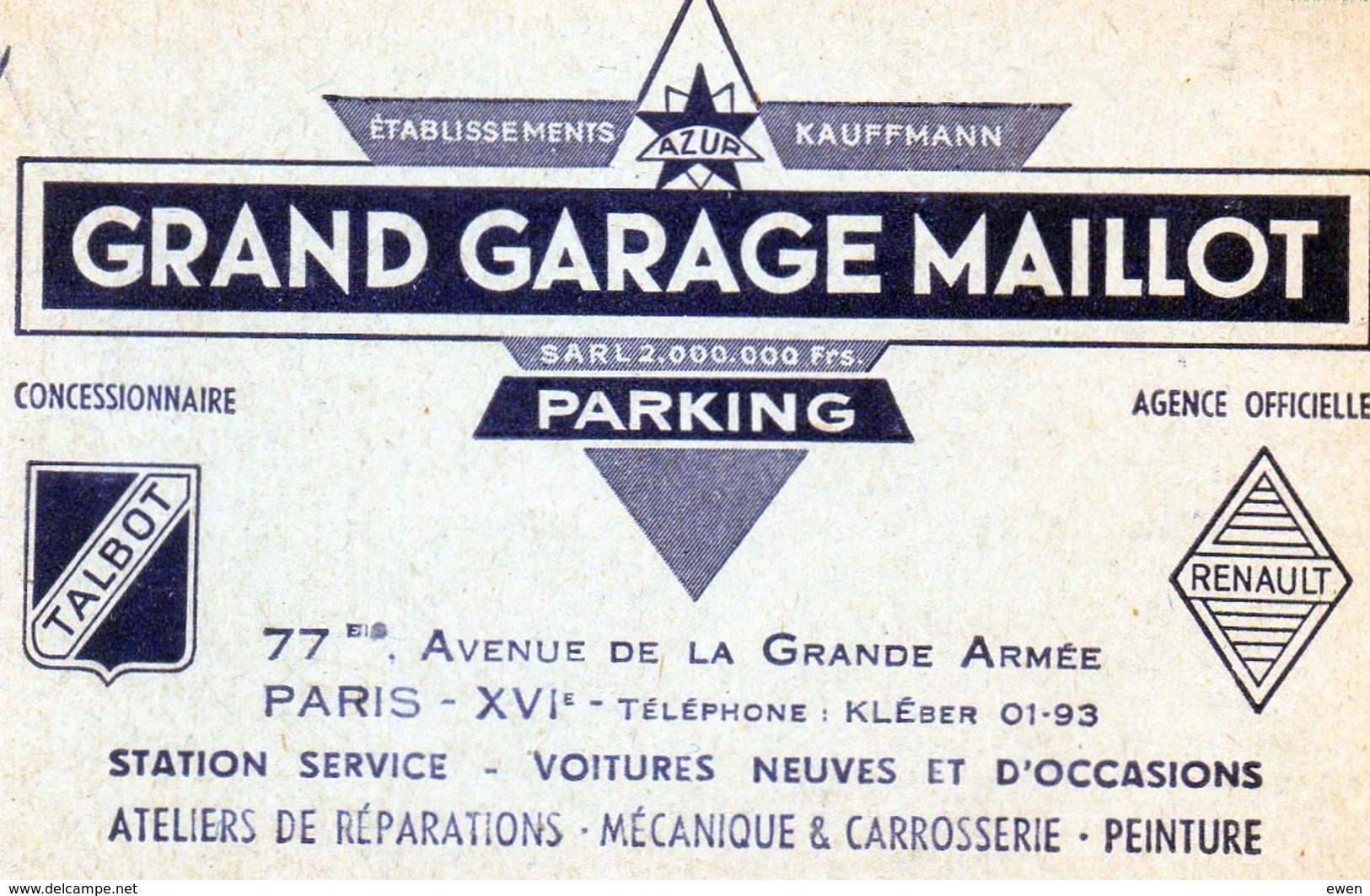 Carte De Visite "Grand Garage Maillot" à Paris. Années 40. - Visiting Cards