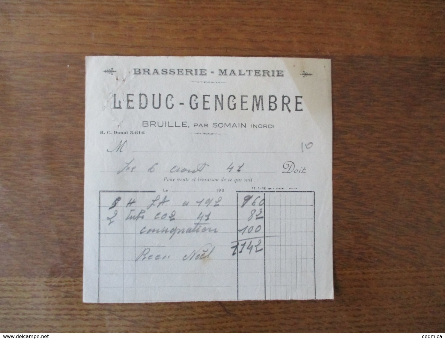 BRASSERIE-MALTERIE LEDUC-GENGEMBRE A BRUILLE PAR SOMAIN NORD FACTURE DU 6 AOUT 41 - 1900 – 1949