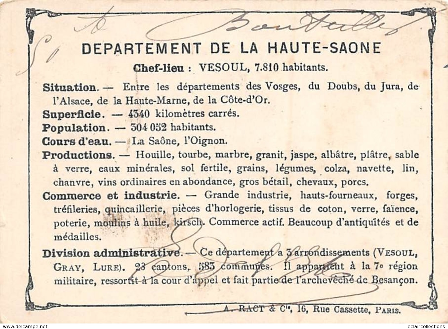 Image Chromo            70        Département De La Haute-Saône          11.5 X 8.5 Cm    (voir Scan) - Autres & Non Classés