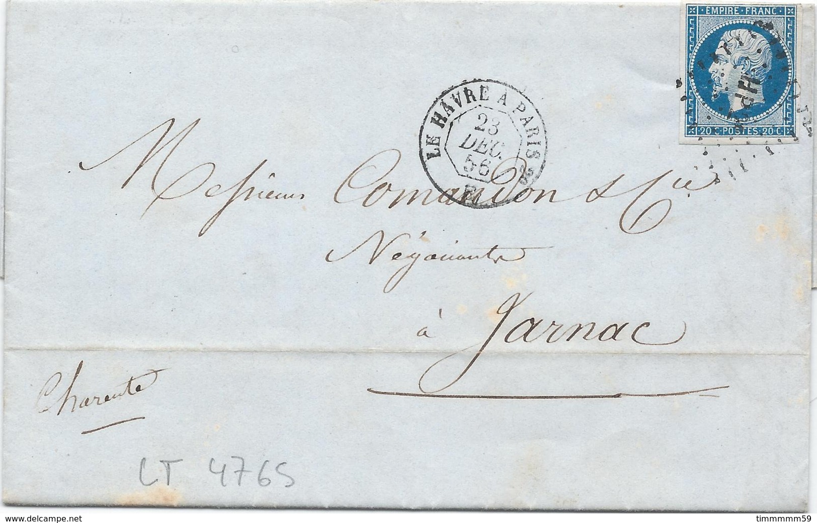 LT4765  Variété/n°14A/lettre Avec Courrier, Oblit Losange HP2° Des Ambulants Du 23 Dec 1856, Bonnes Marges - 1853-1860 Napoléon III.