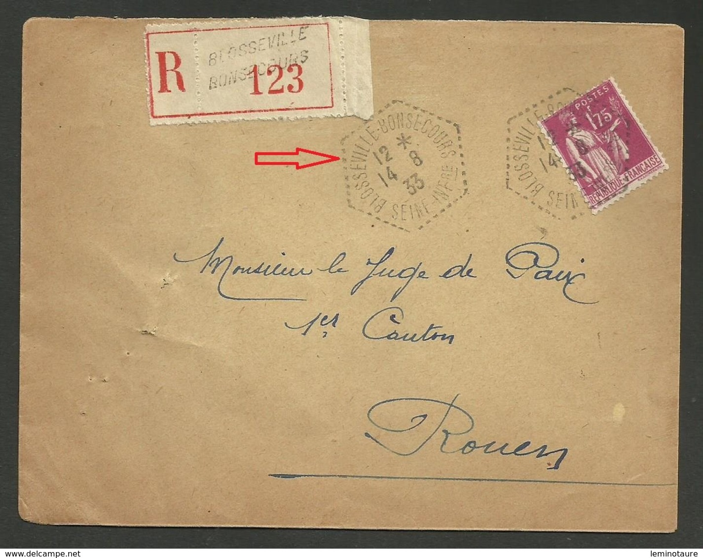 SEINE MARITIME / Cachet Agence Postale Rurale BLOSSEVILLE BONSECOURS / Recommandée 1933 - 1921-1960: Modern Period