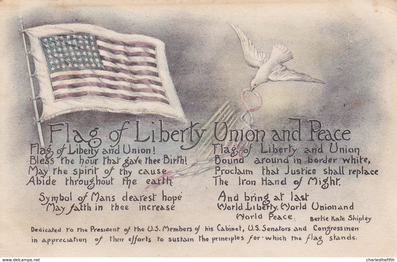 WAR 1914 - 1918 -- " U.S. FLAG OF LIBERTY UNION AND PEACE " Copyright 1914 By BERTIE SHIPLEY - RARE !! - Guerre 1914-18