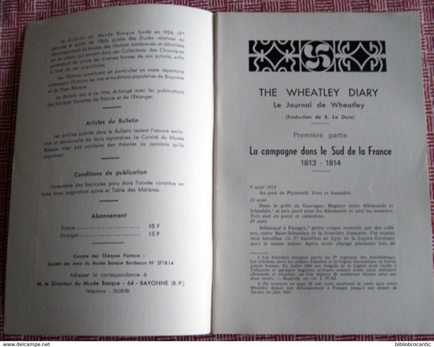 BULLETIN Du MUSEE BASQUE N°44(2°tr/1969) JOURNAL DE WHEATLEY DIARY N°2 /Sommaire Sur Scan - Pays Basque