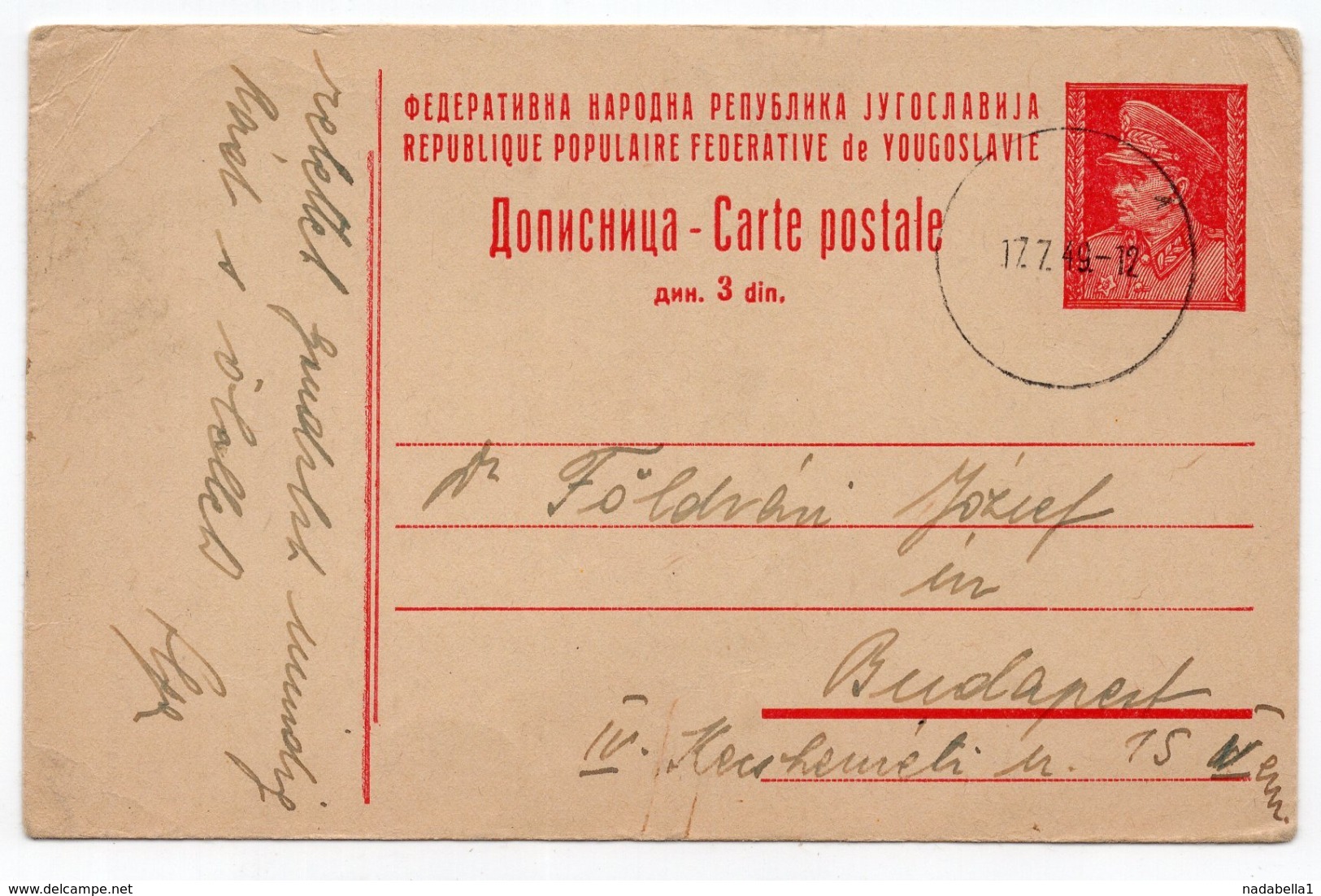 1949 FNR YUGOSLAVIA, TITO, 3 DINARA STATIONERY CARD, USED, TO BUDAPEST - Postal Stationery