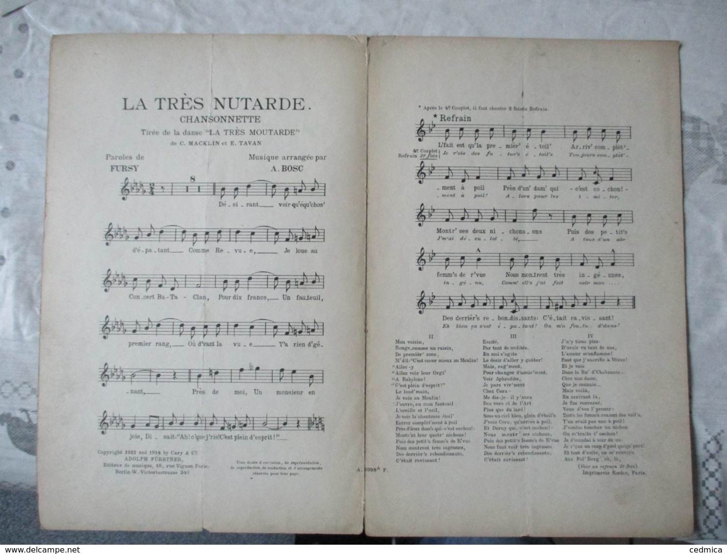 LA TRES NUTARDE CHANSONNETTE TIREE DE LA DANSE "LA TRES MOUTARDE" PAROLES DE FURSY MUSIQUE A. BOSC 1913 ET 1914 - Noten & Partituren