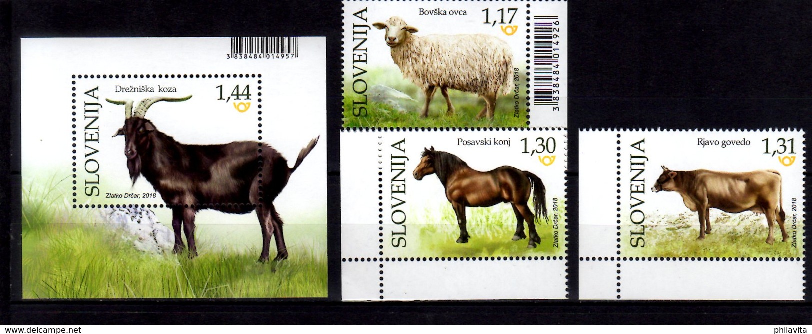 2018 Slovenia -Domestic Animals - Set Of 3 V + MS - MNH** 1321 - 1324 (Block 109) Goat, Sheep, Horse, Cow - Farm