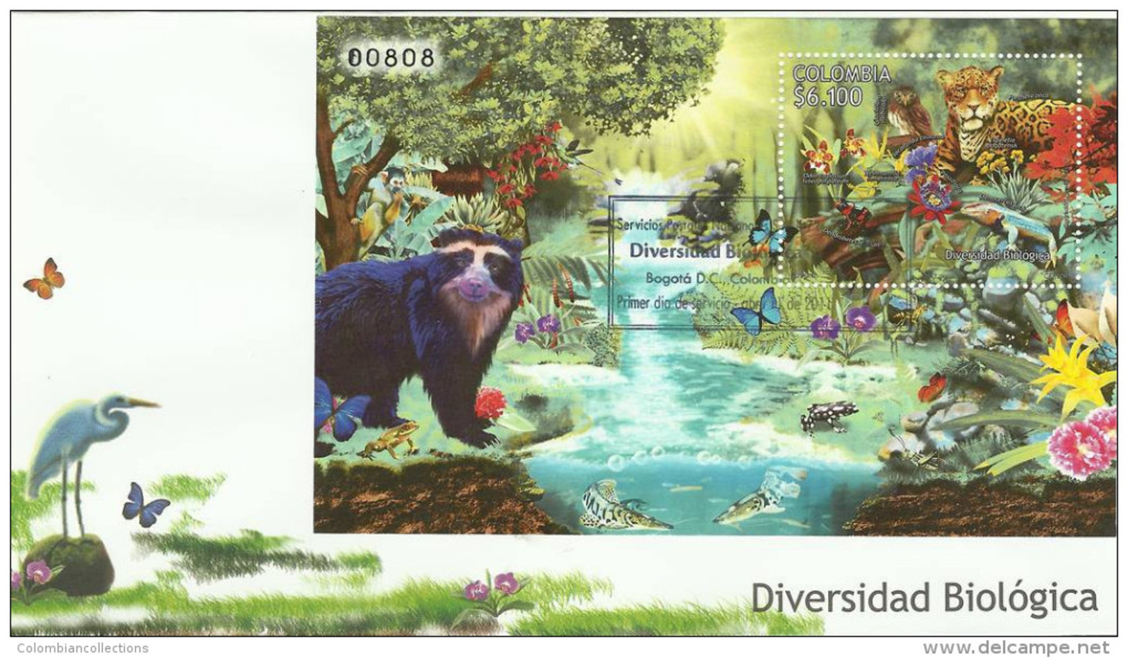 Lote HF74F, Colombia, 2011, FDC,  Flora, Fauna, Ave, Orquidea, Bird, Owl, Frog, Bear, Panther, Monkey, Butterfly, Orchid - Colombia