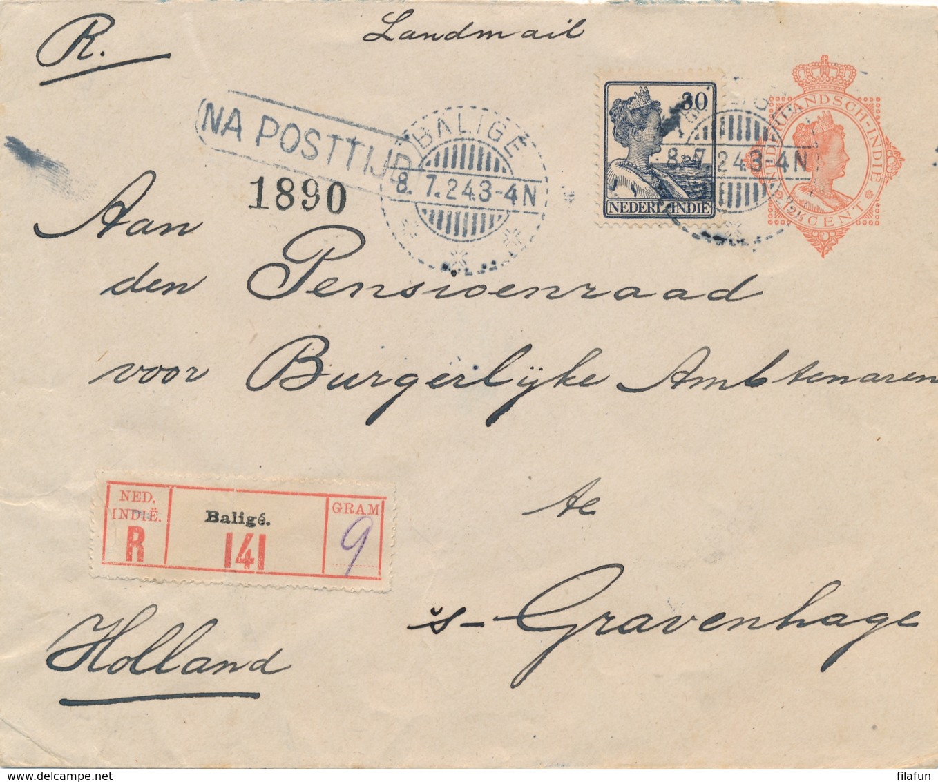 Nederlands Indië - 1924 - 12,5 Cent Wilhelmina, Envelop G43 + 30 Cent Als R-cover Van LB BALIGE - Na Posttijd Naar NL - Niederländisch-Indien