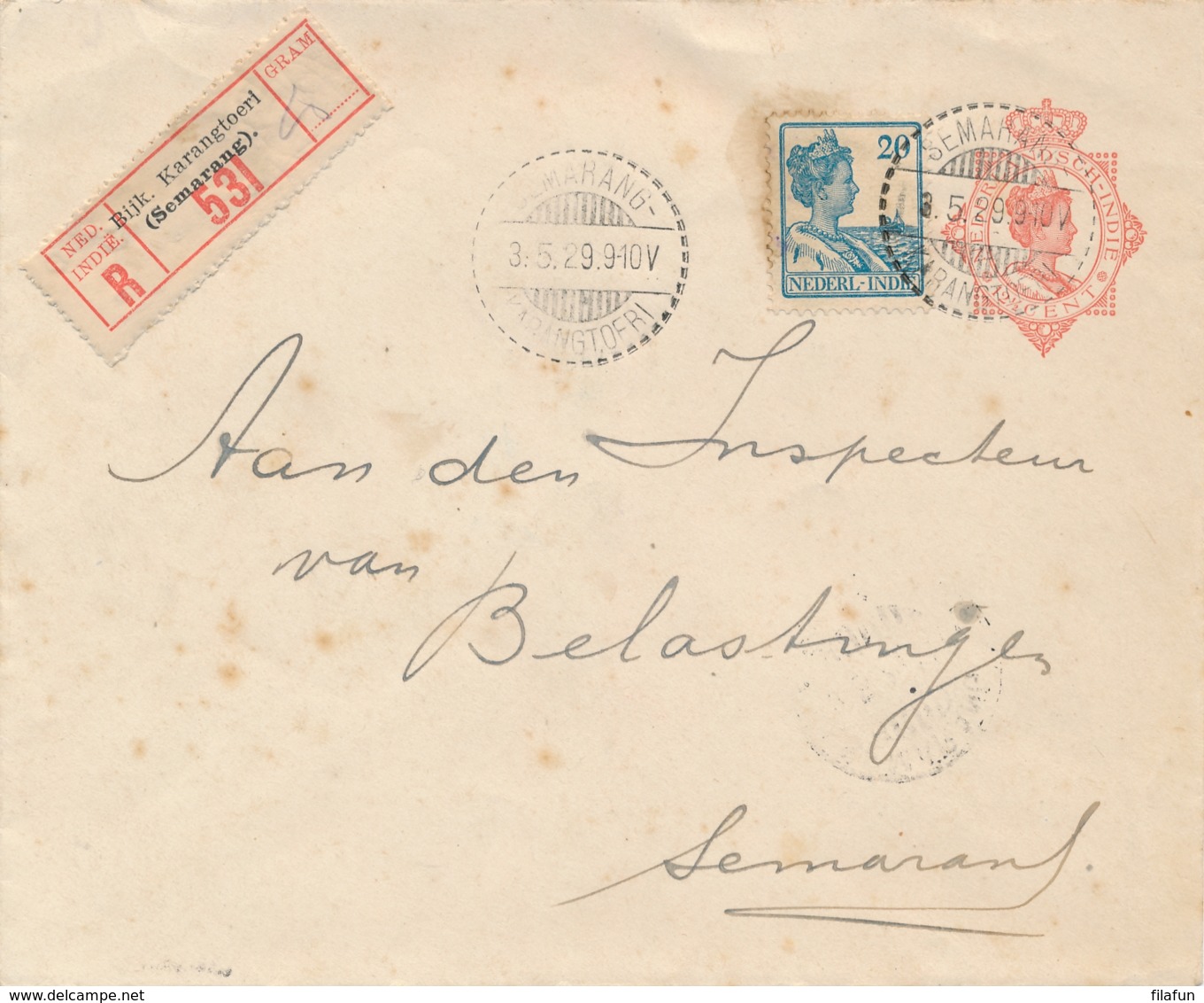 Nederlands Indië - 1929 - 12,5 Cent Wilhelmina, Envelop G47 + 20 Cent Van LB SEMARANG KARANGTOERI Naar Semarang - Niederländisch-Indien