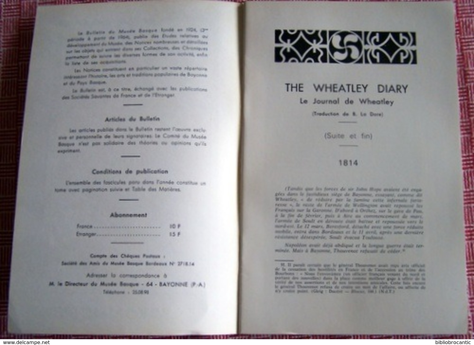 BULLETIN Du MUSEE BASQUE N°46(4°tr/1969) JOURNAL DE WHEATLEY DIARY N°4 /+ Sommaire Sur Scan - Baskenland