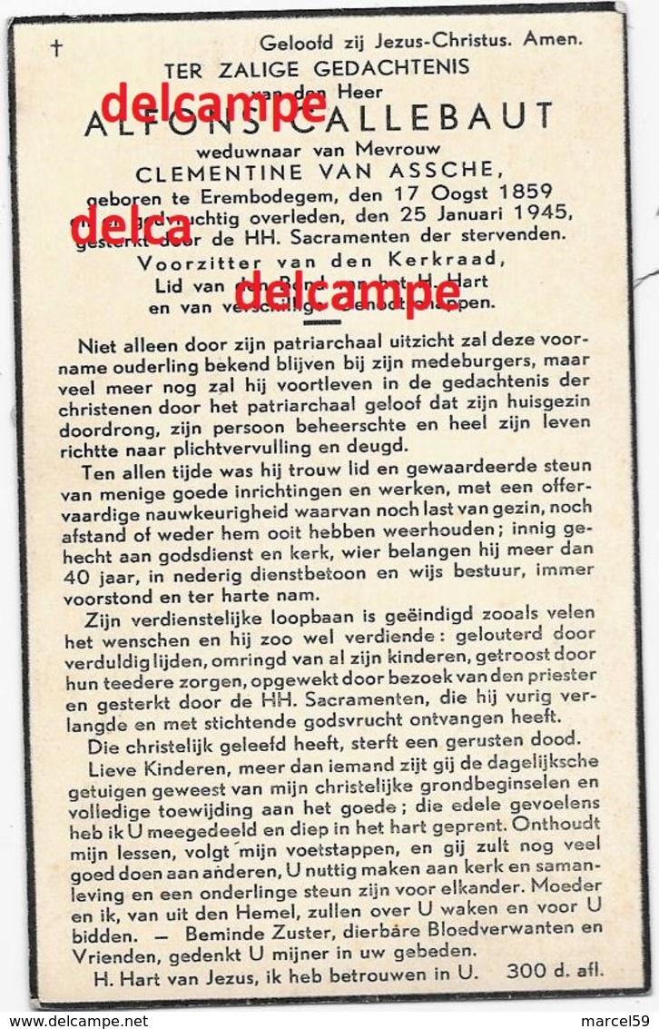 Bidprentje Alfons Callebaut Erembodegem 1859 VOORZITTER KERKRAAD En Aldaar Overleden 1945 Van Assche - Imágenes Religiosas