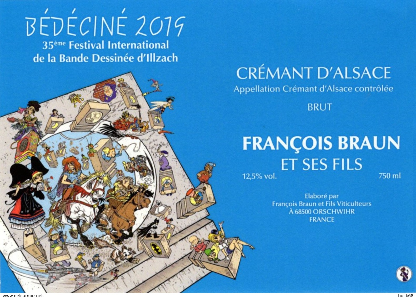 BEDECINE 2019 ILLZACH Ph. LUGUY : étiquette Vin Crémant Label Alsacienne Astérix Tintin Percevan Tanguy Mirage Hendrix - Bandes Dessinées