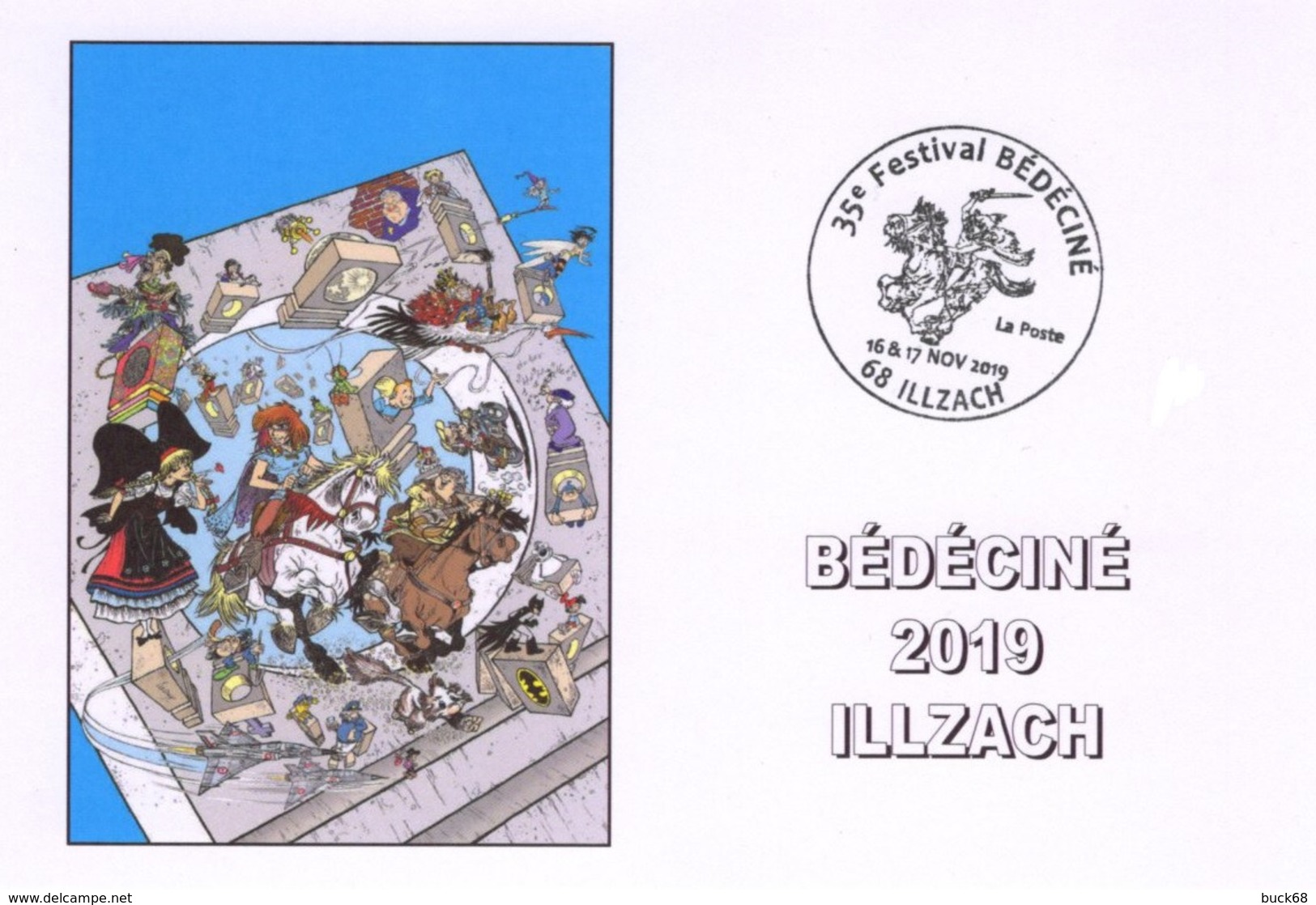 BEDECINE 2019 ILLZACH Ph. LUGUY : Carte Postale Cachet Affiche Label Alsacienne Astérix Tintin Percevan Tanguy Hendrix - Bandes Dessinées