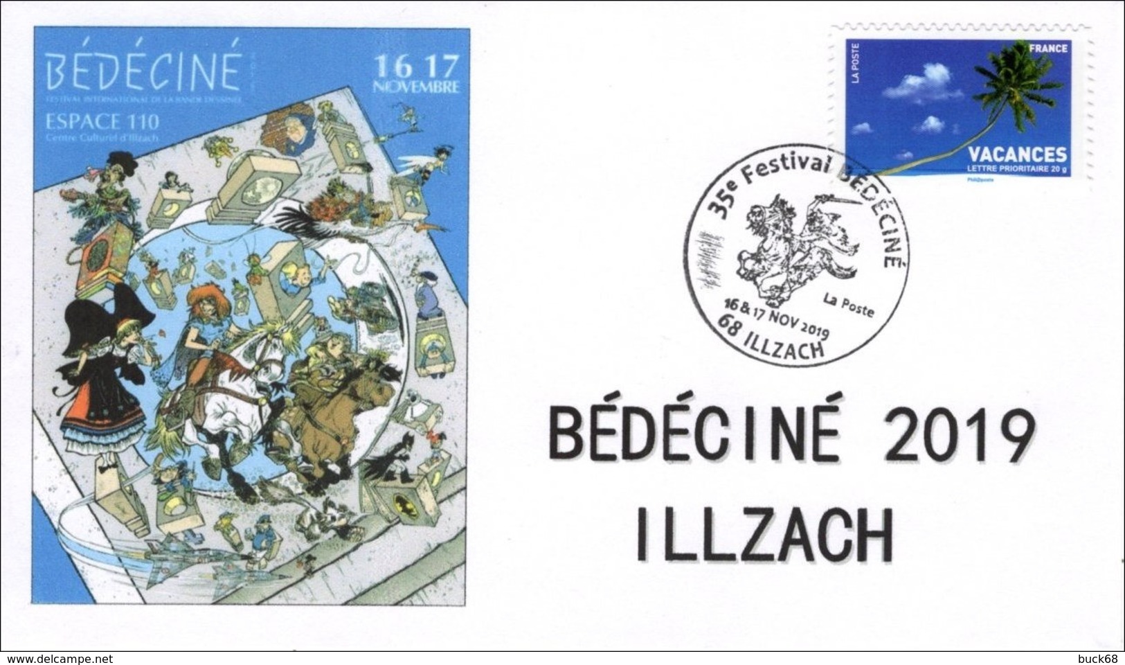 BEDECINE 2019 ILLZACH Ph. LUGUY : Enveloppe Cachet FDC Affiche Label Alsacienne Astérix Tintin Percevan Tanguy Hendrix - Comics