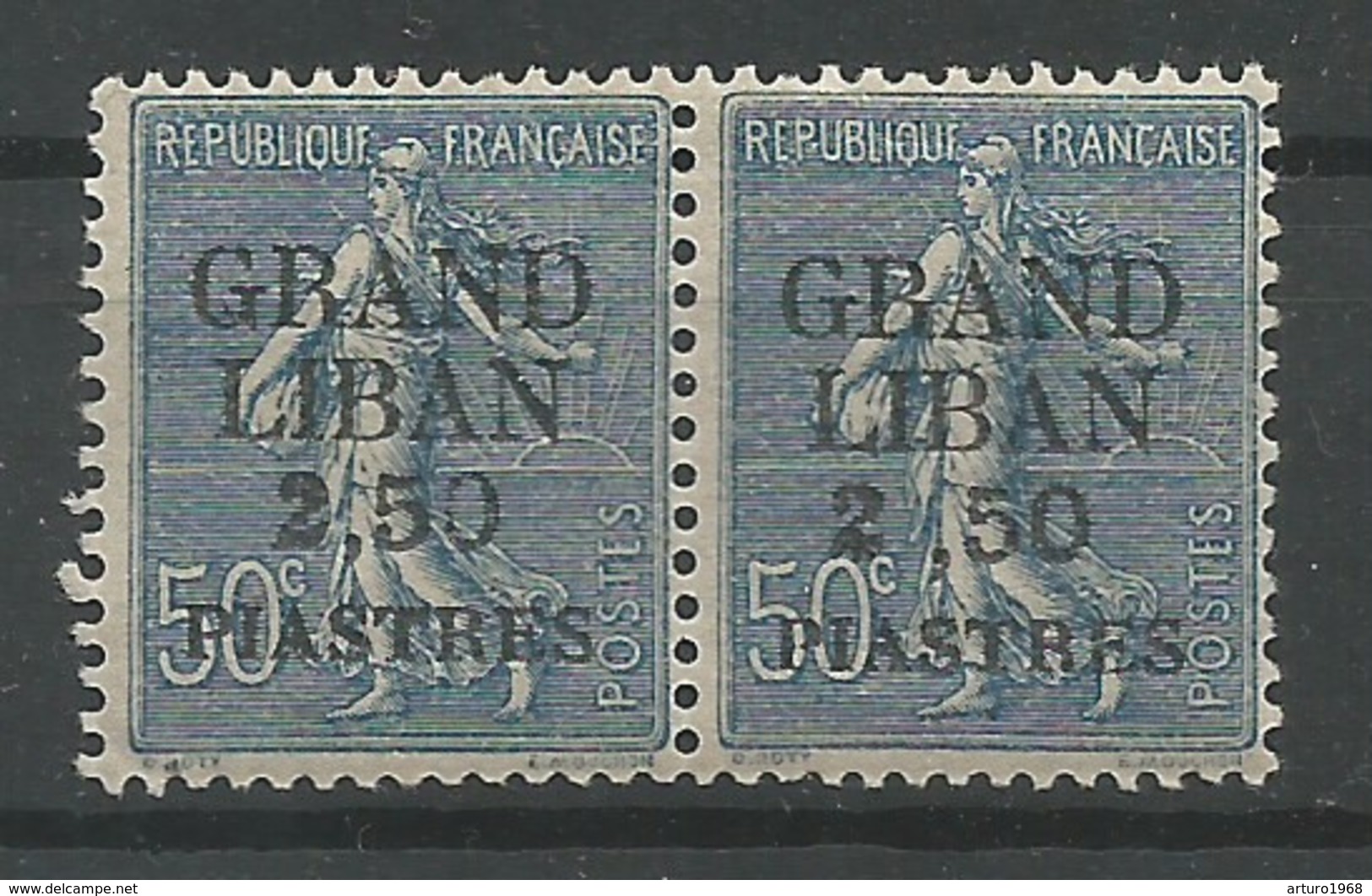 Grand Liban Lebanon 1924 Pair With 2 Overprint ERRORS MNH / ** 2 With Flat Foot And Distant 2 - Neufs