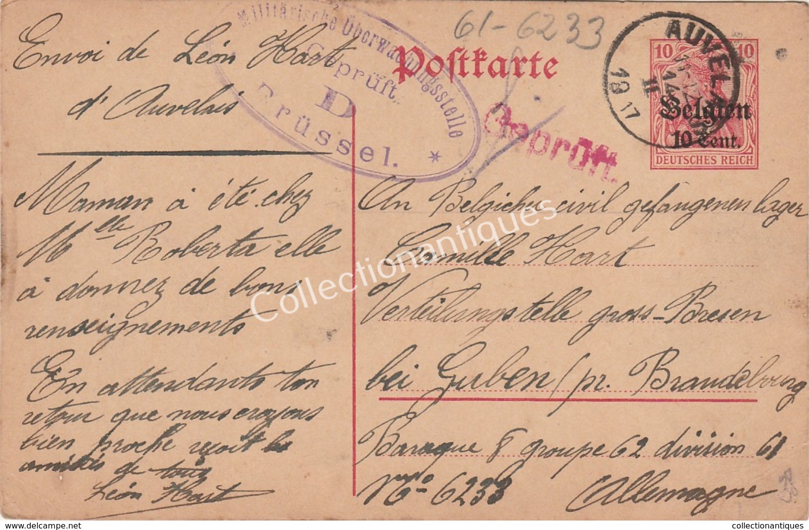 Entier Postal 10ct Militarische Uberwachungsstelle Geprüft - 1917 - D'Auvelais Vers Brandebourg Guben Allemagne - Altri & Non Classificati