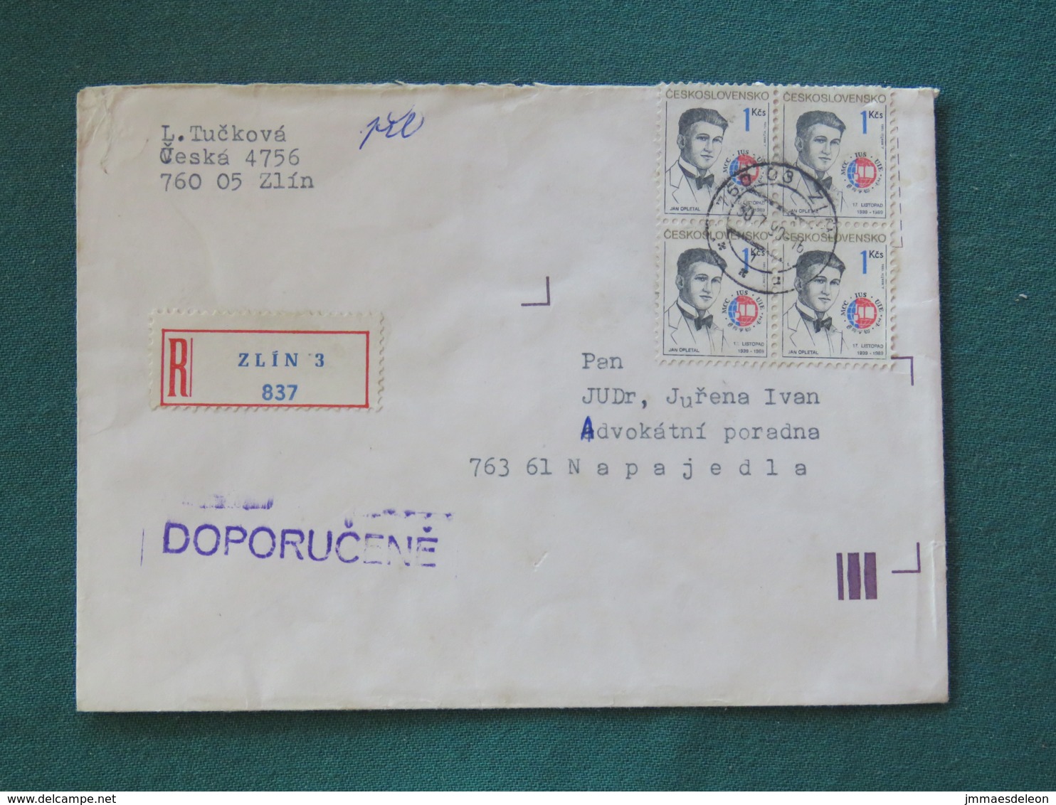 Czechoslovakia 1990 Registered Cover To Local - Jan Opletal Nazi Victim - Covers & Documents