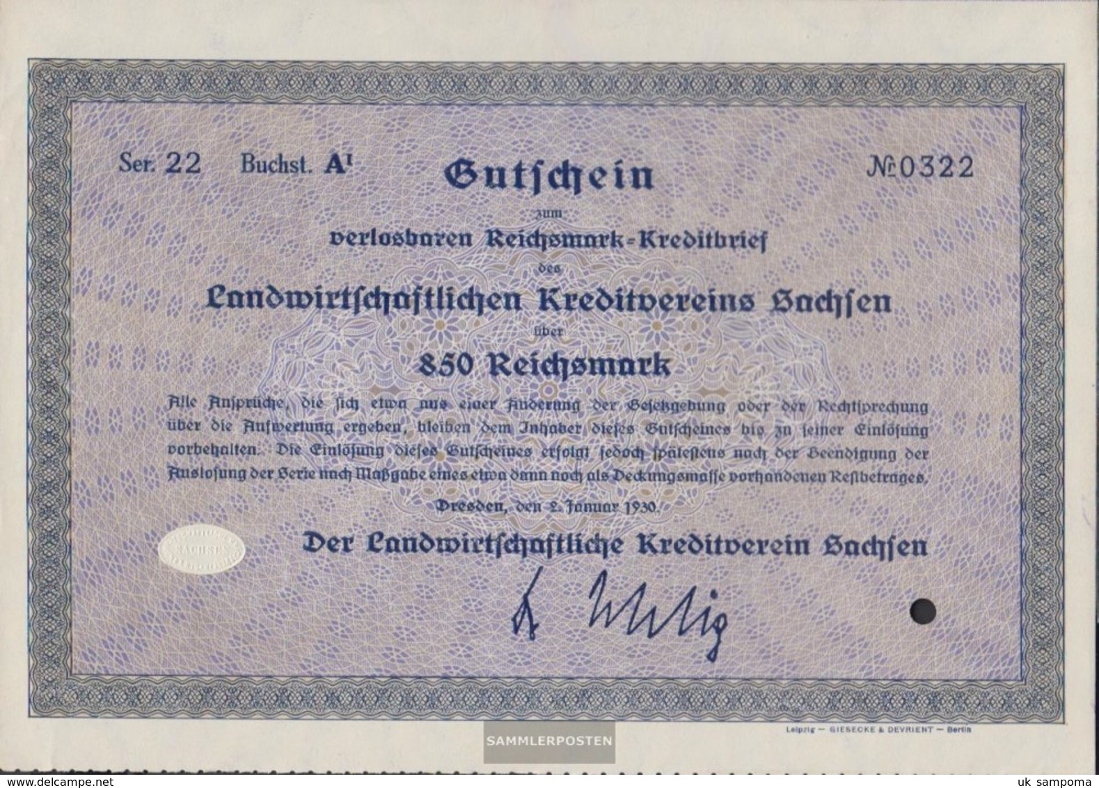 German Empire 850 Reichsmark, Gutschein Druckfrisch 1930 Landwirts. Kreditverein Saxony - Other & Unclassified