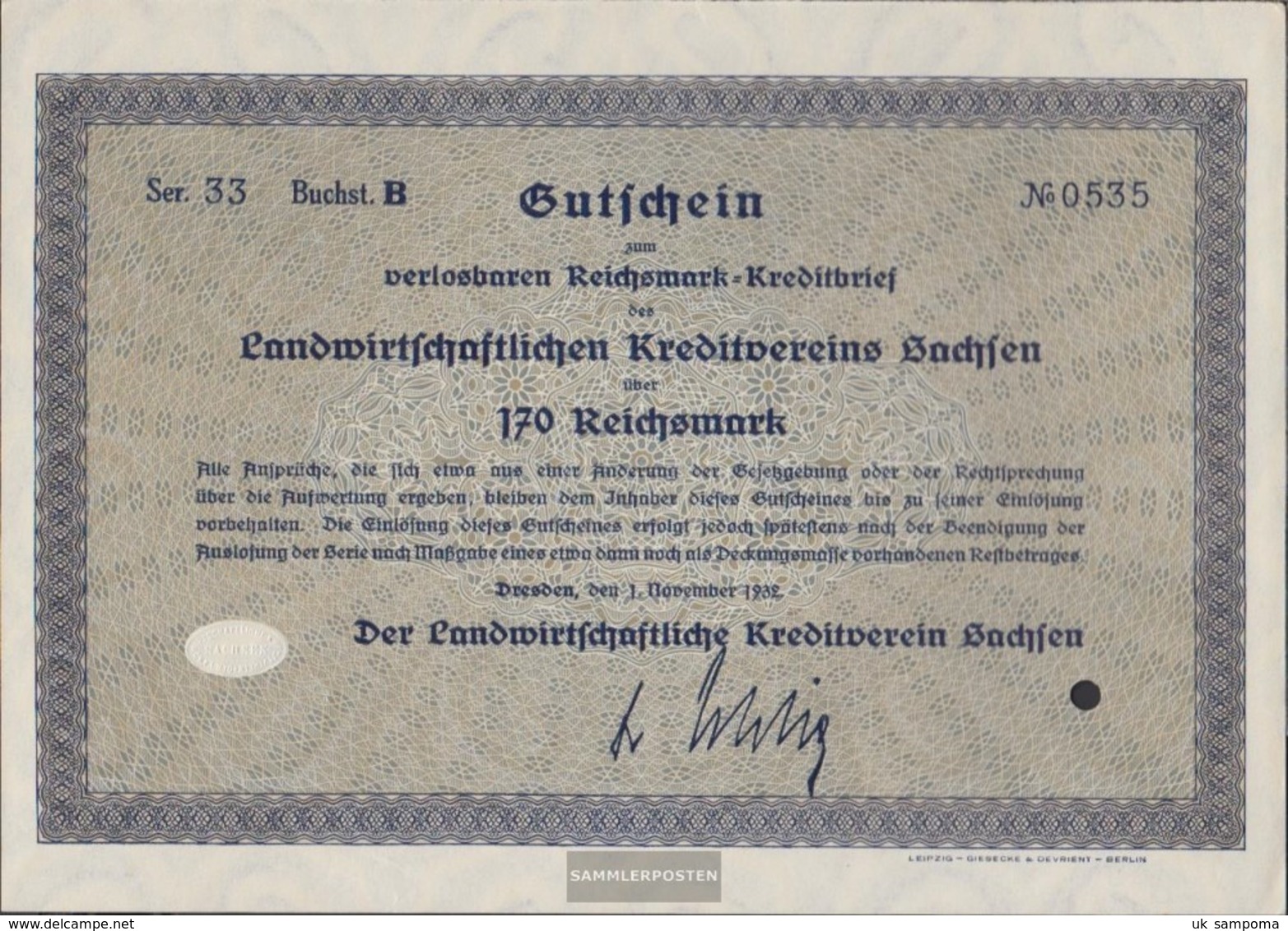 German Empire 170 Reichsmark, Gutschein Druckfrisch 1932 Landwirts. Kreditverein Saxony - Altri & Non Classificati