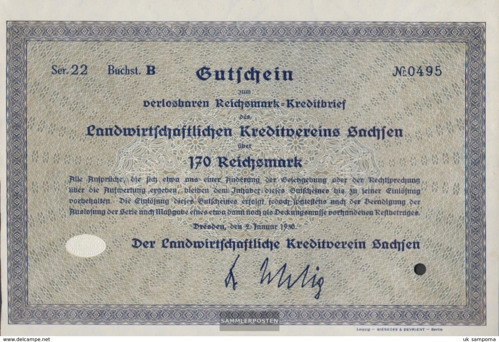 German Empire 170 Reichsmark, Gutschein Druckfrisch 1930 Landwirts. Kreditverein Saxony - Altri & Non Classificati
