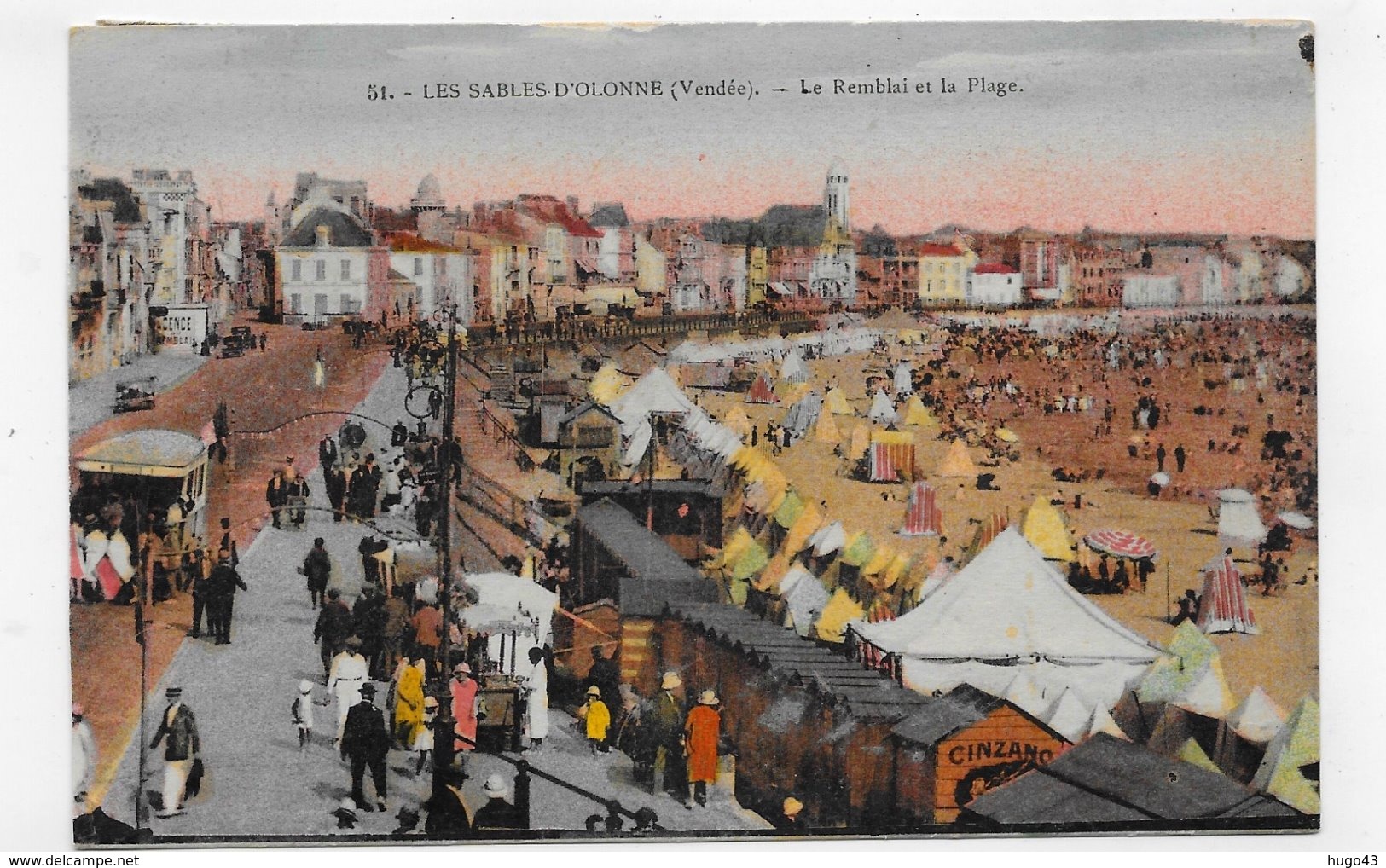 (RECTO / VERSO) LES SABLES D' OLONNE EN 1934 - N° 51 - LE REMBLAI ET LA PLAGE ANIMES - CPA COULEUR VOYAGEE - Sables D'Olonne