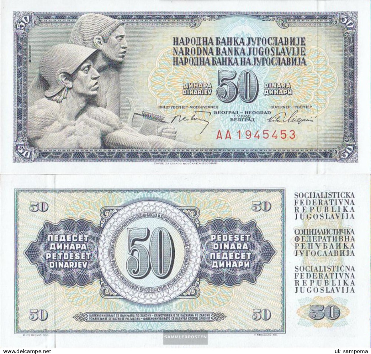 Yugoslavia Pick-number: 83c Uncirculated 1968 50 Dinara - Yugoslavia