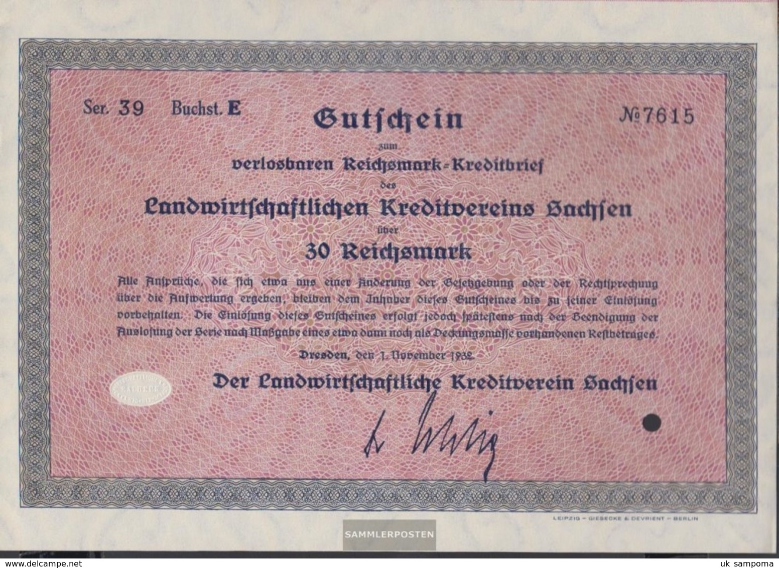 German Empire 30 Reichsmark, Gutschein Druckfrisch 1932 Landwirts. Kreditverein Saxony - Other & Unclassified